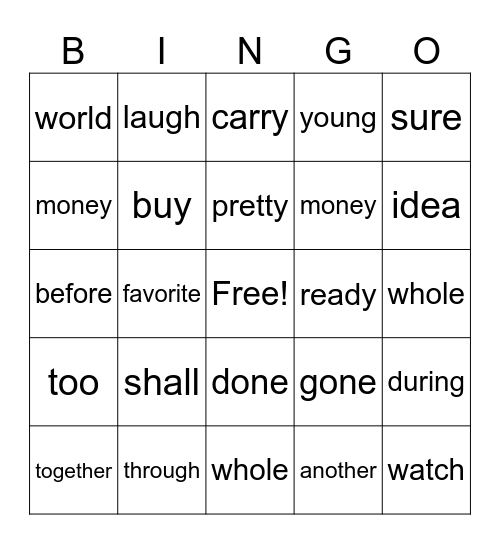 2 nd Grade Heart Words Bingo Card