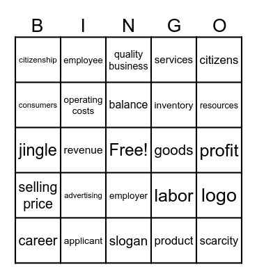 JA Biztown Vocabulary Bingo Card