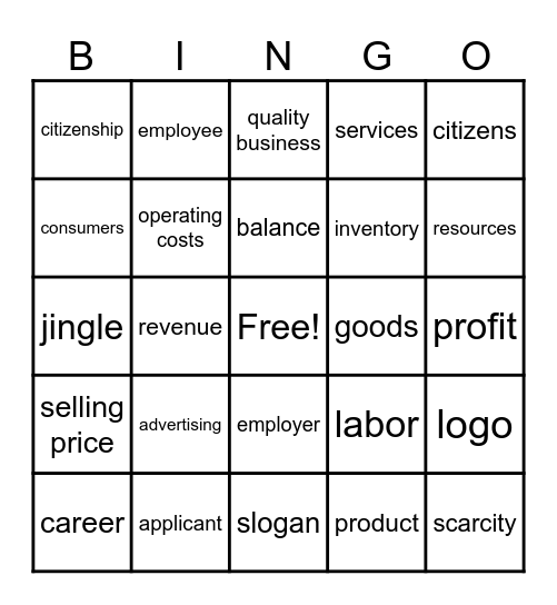JA Biztown Vocabulary Bingo Card