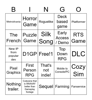 Indie Showcase Bingo Card