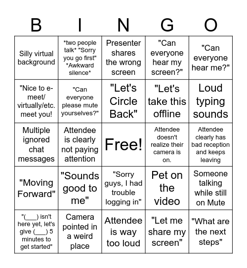 Teams Meeting BINGO Card
