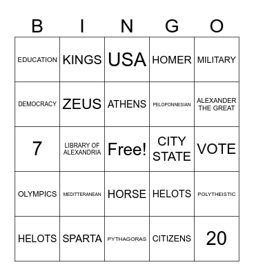 GREECE BINGO Card