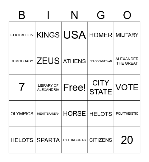 GREECE BINGO Card