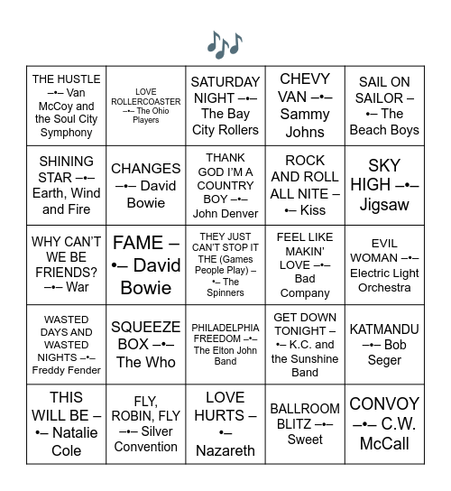 HITS OF 1975 Bingo Card