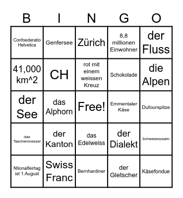 Schweiz Fest Bingo Card