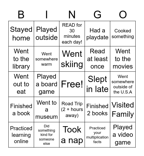 Winter Break Bingo Card