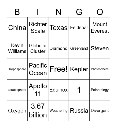 Astro-Geo Bingo Card
