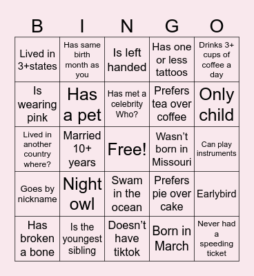 Find the guest  Bingo Card