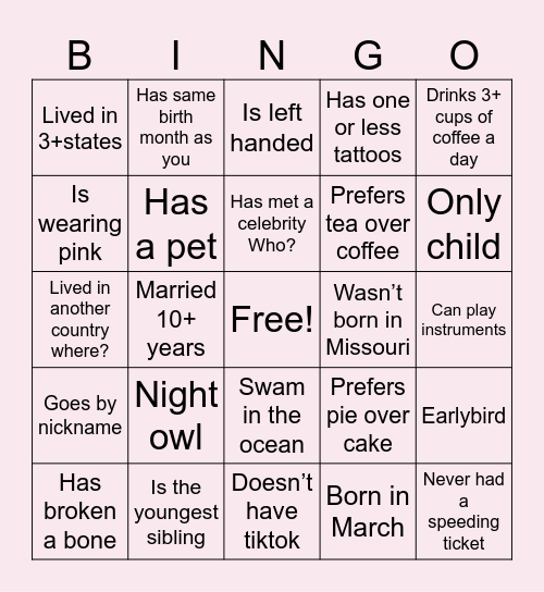 Find the guest  Bingo Card