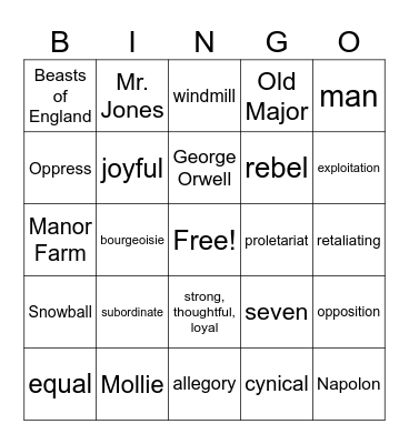 Animal Farm Bingo Card