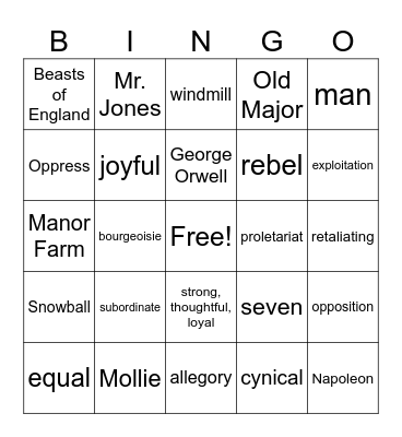 Animal Farm Bingo Card