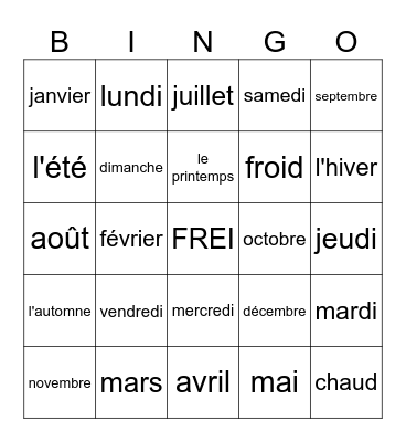 Bingo Jours et Mois Bingo Card