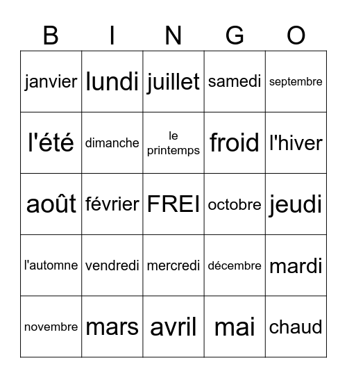 Bingo Jours et Mois Bingo Card