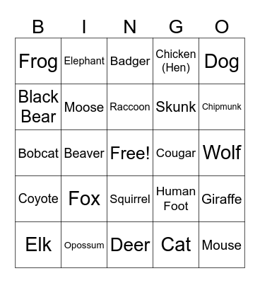 Animal Tracks Bingo Card