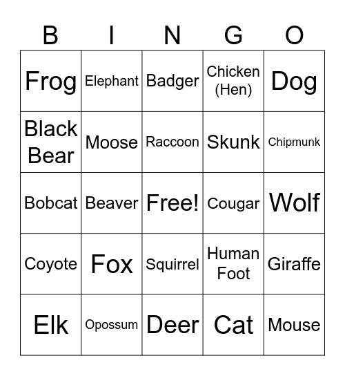Animal Tracks Bingo Card