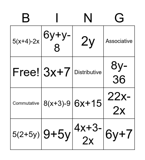 Equivalent Expression Bingo Card