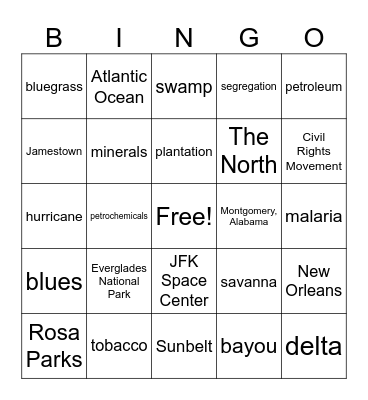 Southeast Region Bingo Card