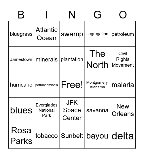 Southeast Region Bingo Card