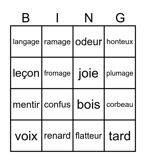 Le Corbeau et le Renard Bingo Card