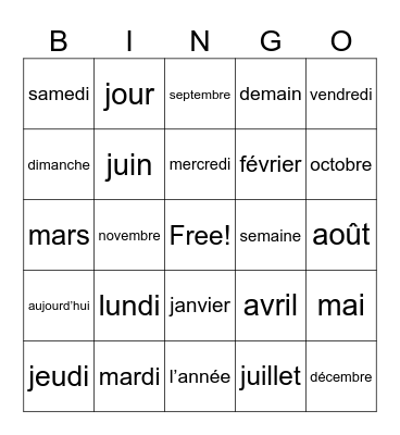 Les jours de la semaine et les mois de l’année Bingo Card
