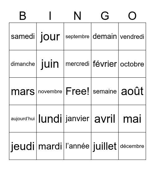 Les jours de la semaine et les mois de l’année Bingo Card