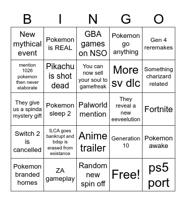 Pokemon Presents Bingo Card