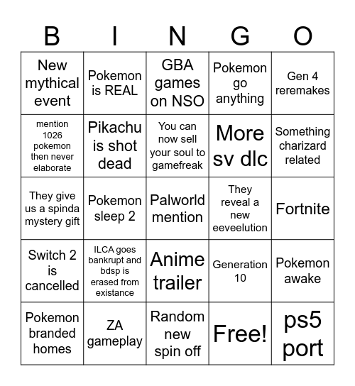 Pokemon Presents Bingo Card