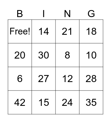 Times Table Bingo Card