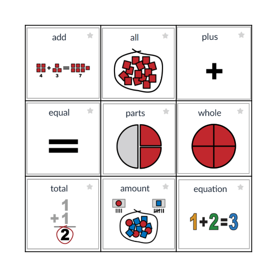 Addition Vocabulary Bingo Card