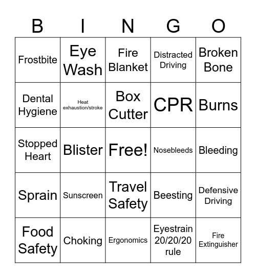 Safety/First Aid Bingo Card