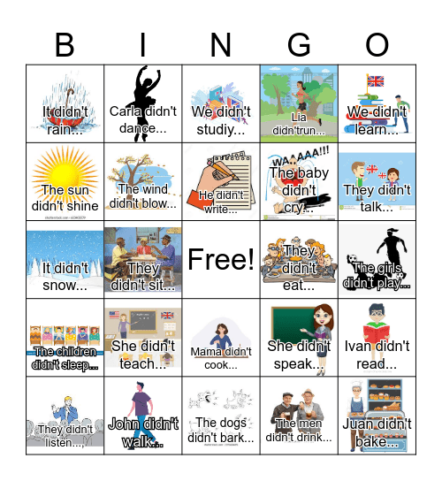 Tenses: Simple past (negative) bingo abbrev (words and images) Bingo Card
