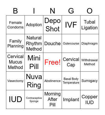 Birth Control Bingo Card