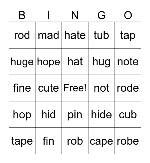 Long E Bingo Card