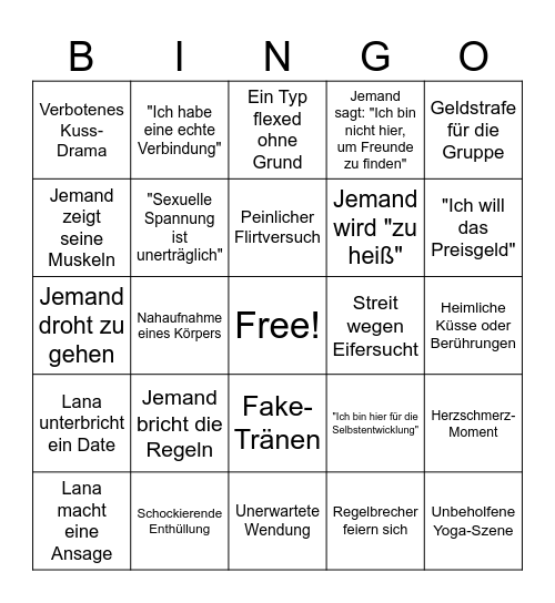 too hot to handle Bingo Card