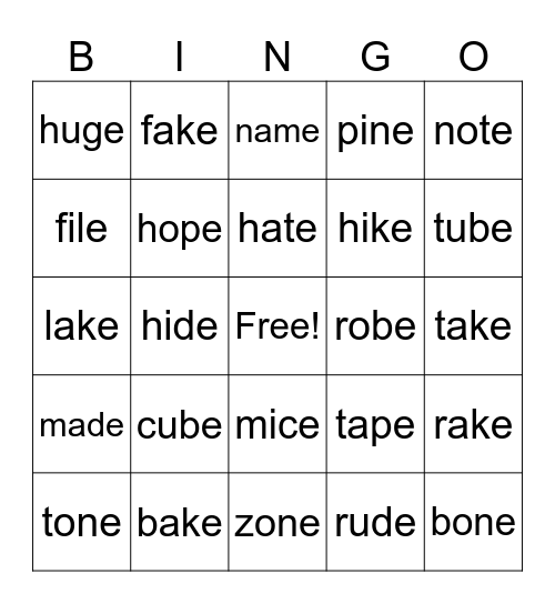 Long E Bingo Card
