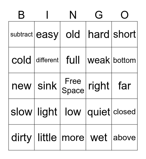 Opposite Bingo (First Grade) Bingo Card