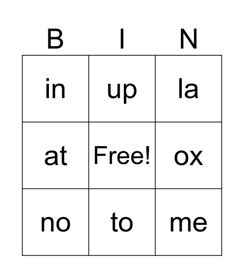 Two Letter Words Bingo Card