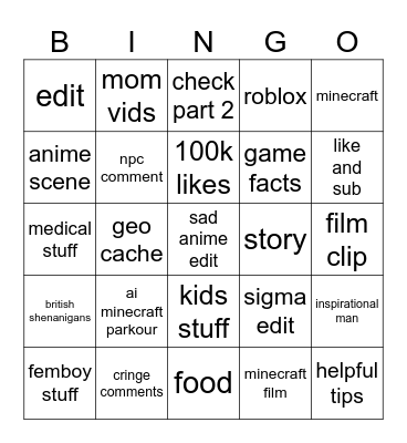 yt shorts Bingo Card