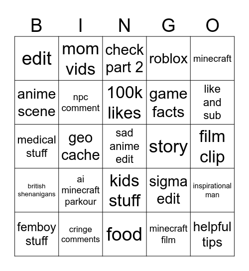yt shorts Bingo Card