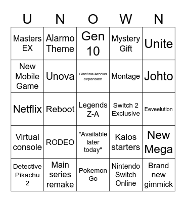 Pokémon Presents Bingo Card