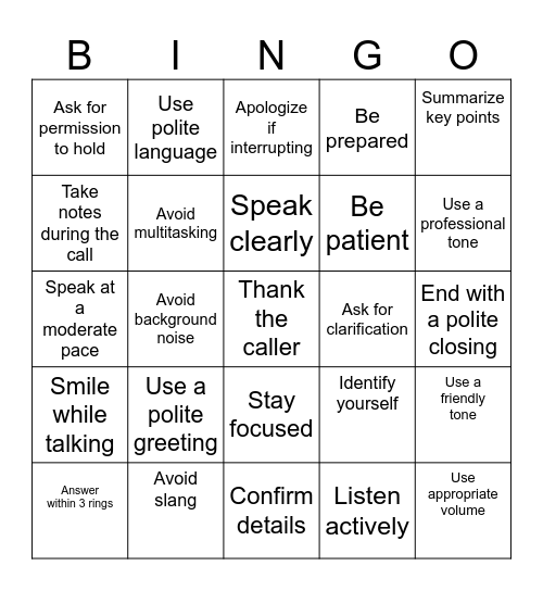 Phone Etiquette Bingo Card