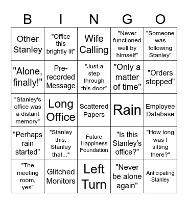 The Stanley Parable Office Variations Bingo Card
