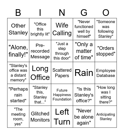 The Stanley Parable Office Variations Bingo Card