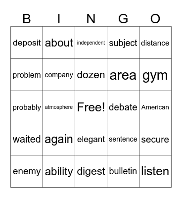 Spelling Words Bingo Card