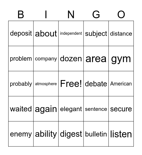 Spelling Words Bingo Card