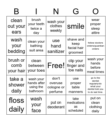 Hygiene Bingo Card