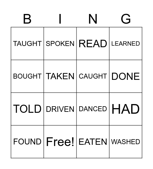 Past Participle Verbs Bingo Card