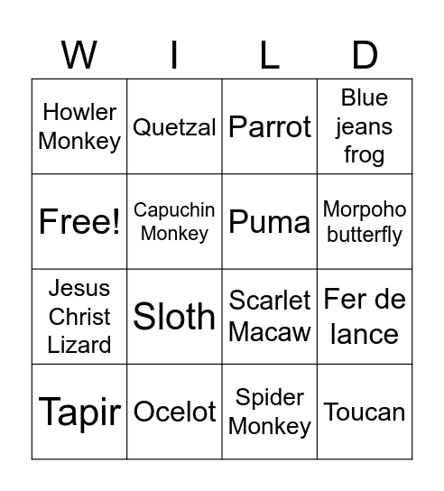 Wild animals Bingo Card