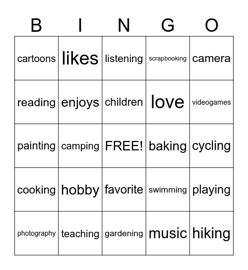 Hobbies Bingo Card