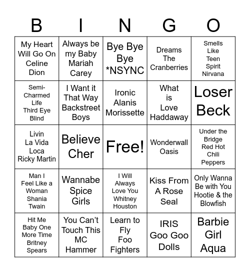 90's Music Bingo Card